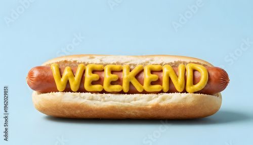 Minimalist surreal concept of a simple hot dog sandwich with the word “WEEKEND” written in mustard on top, placed on a light blue background. Playful and silly food composition with clean aesthetic, 