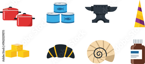 Mixed object icons with cooking pots, canned food, anvil, party hat, cheese, croissant, seashell and medicine bottle, vector illustration for kitchen, lifestyle and design projects