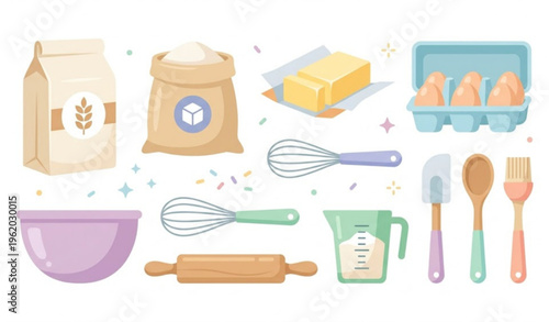 Cartoon Baking Ingredients and Kitchen Tools Set for Cake Recipe Vector Illustration