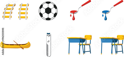 Mixed objects collection with railway tracks, soccer ball, paint rollers, canoe, test tube and school desks, vector illustration for sports, education and creative design projects