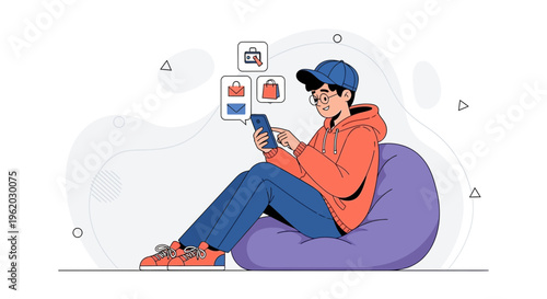 Young man using smartphone for online shopping, sitting on bean bag chair