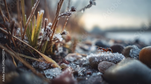Delicate green plant leaves and shore rocks covered in crystalline frost detail by a calm lake