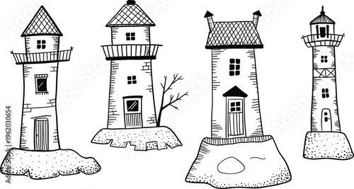 Lighthouse vector set, hand drawn coastal towers outline vintage seaside architecture illustration collection