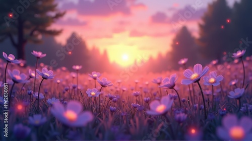 A stunning view of a field filled with blooming flowers illuminated by a magical sunset.