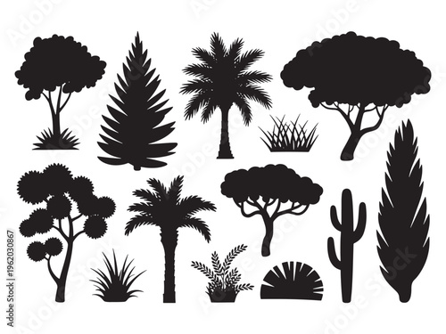 Collection of various tree and plant silhouettes on white background