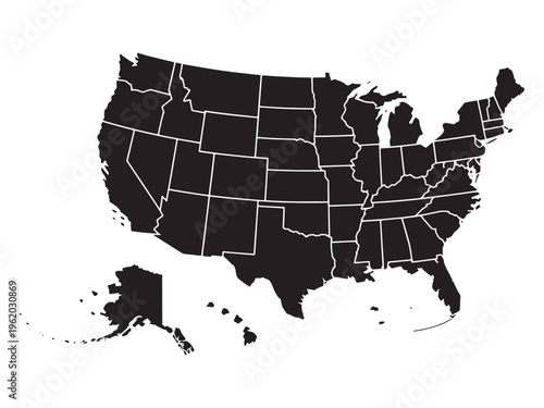 Silhouette of the United States map with state borders on white background