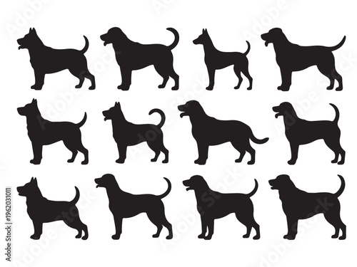 Collection of dog silhouettes in various breeds and poses