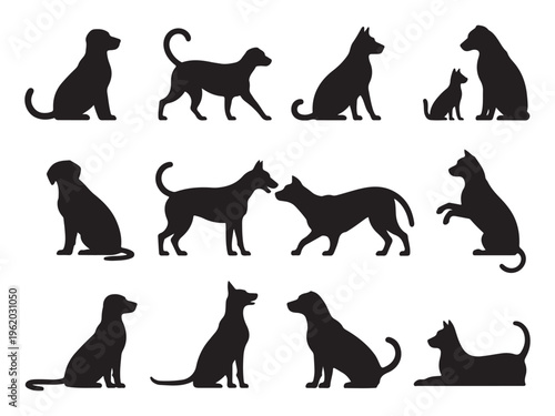 Collection of dog silhouettes in various poses and shapes
