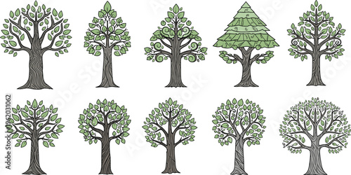 Nature Tree Icon Set Featuring Different Tree Shapes, Styles, and Greenery for Websites, Apps, and Environmental Digital Media Designs