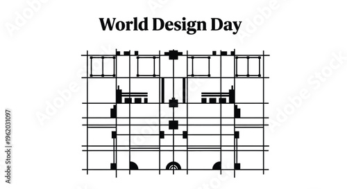 Minimalist black and white vector graphic illustration celebrating world design day with architectural symbols