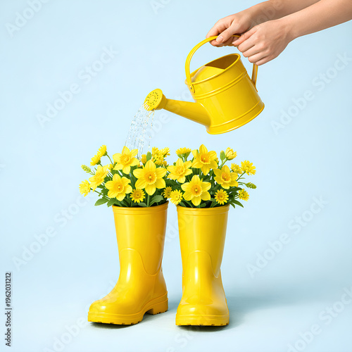 Yellow rain boots filled with blooming flowers and watering can, creative spring gardening concept on blue background