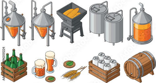 Beer brewing equipment and ingredients set, fermentation tanks, barrels and bottles illustration for craft brewery production, beverage processing and alcohol manufacturing