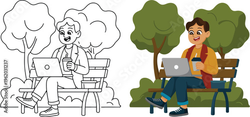 Cheerful remote work commuter flat vector cartoon illustration with laptop and coffee