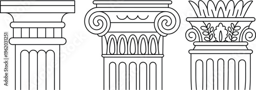Classical column capitals vector set, ancient architecture pillars outline ionic doric corinthian design illustration