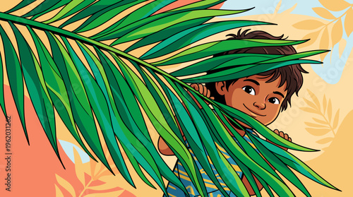 Young boy peeking from behind palm leaf with colorful background  