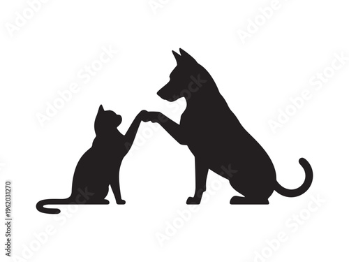 Friendly dog and cat silhouette touching paws together in a heartwarming moment of animal companionship and friendship