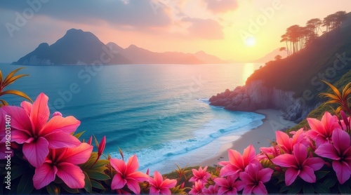A stunning tropical beach scene featuring vibrant pink flowers in the foreground and a serene sunset over the ocean.