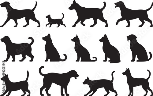 Collection of dog and cat silhouettes in various poses on white background