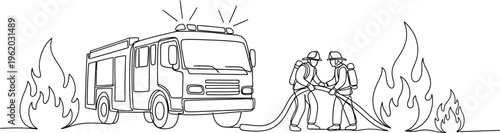 firefighters battling flames with truck