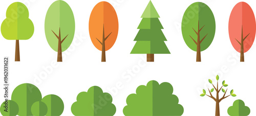 Set of flat vector tree and bush icons with green orange and red foliage including pine and deciduous styles isolated on white background