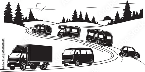 Vehicles, transportation, road trip, black and white, vector illustration isolated on Transparent Background