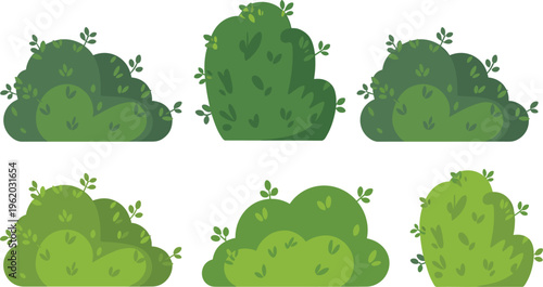 Bushes vector set, green garden shrubs foliage elements isolated cartoon nature landscape design