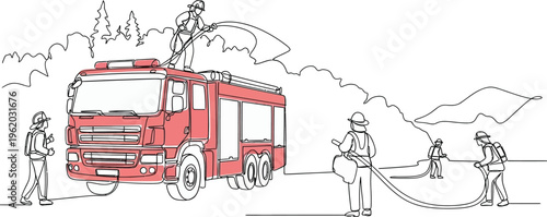 fire truck and firefighters at work