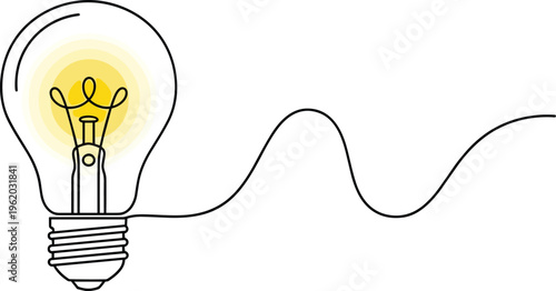 Glowing light bulb illustration with a continuous black line art design representing creative ideas innovation and brainstorming isolated on a white background