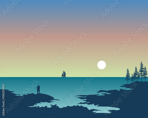 Silhouetted figure stands on rocky shore, gazing at calm sea. Sailboat drifts far beyond, under soft twilight sky. Sun hangs low, casting gentle hues across horizon. Pines line distant shore