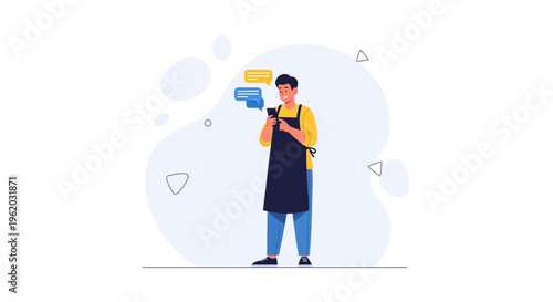 Barista using smartphone for online orders and communication with customers