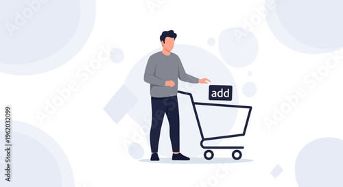 Man Adding Item to Shopping Cart, Online Shopping Concept