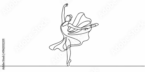 Elegant ballerina depicted in a continuous line drawing with flowing dress