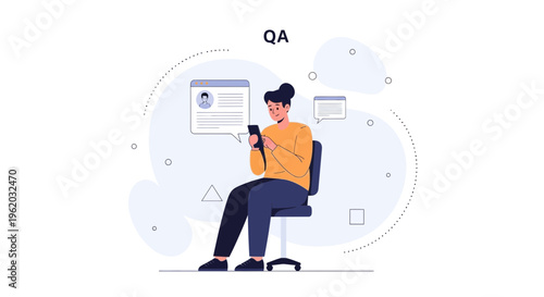 QA Specialist using smartphone for quality assurance and testing in modern office setting