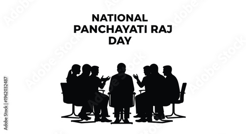 Vector graphic illustration celebrating national panchayati raj day featuring a silhouette of a community meeting discussion