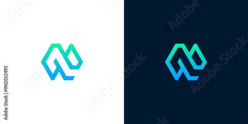 Sleek and professional abstract letter M or initial logomark, showcasing a captivating gradient of green to blue, perfect for modern brand identity and digital ventures