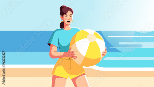 Cheerful vector illustration of relaxed woman holding beach ball on sunny summer shoreline