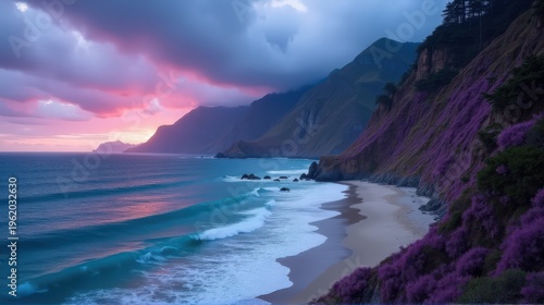 A stunning coastal view featuring a sunset over the ocean, with vibrant colors reflecting off the waves and cliffs adorned with blooming flora.