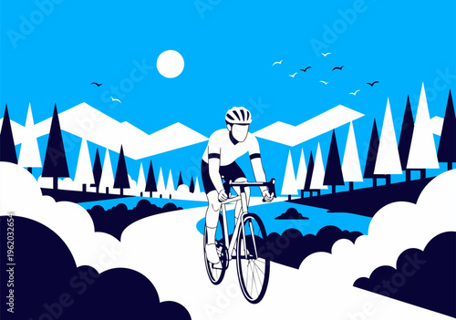 Peaceful vector illustration of cyclist riding white road through blue forest mountains