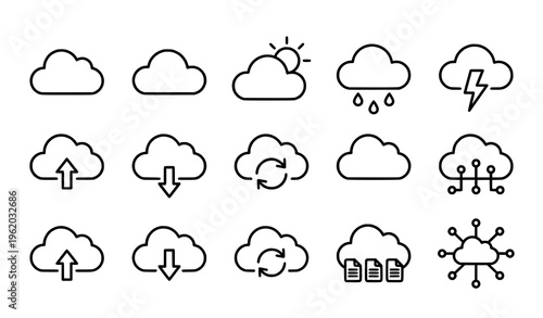 Simple cloud line icons set with weather and computing symbols minimal black and white vector illustration