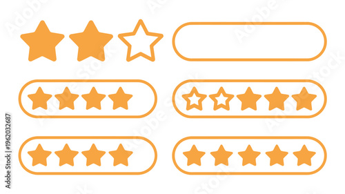 Yellow star rating icon set showing one to five stars for customer product review, feedback, satisfaction evaluation, rating system, and professional flat vector illustration projects