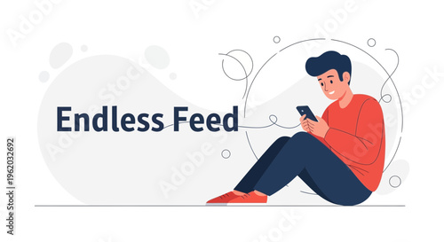 Young Man Scrolling on Phone, Endless Feed Concept, Modern Flat Illustration