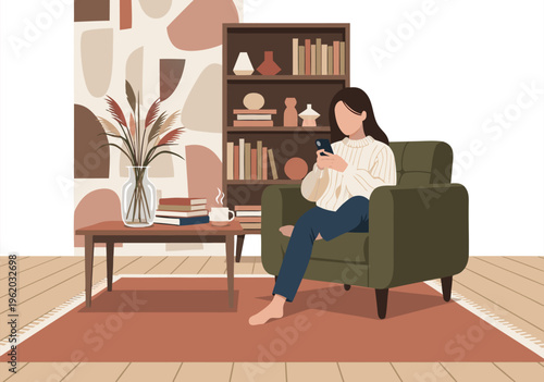 Vector illustration of a woman reading a cozy book on a green sofa in a warm living room surrounded by bookshelves and floral accents