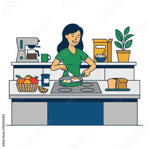 Woman cooking breakfast on electric stove in modern kitchen with healthy food ingredients