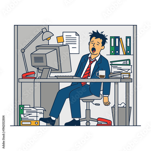 Man in business suit yawns at computer desk in office cubicle