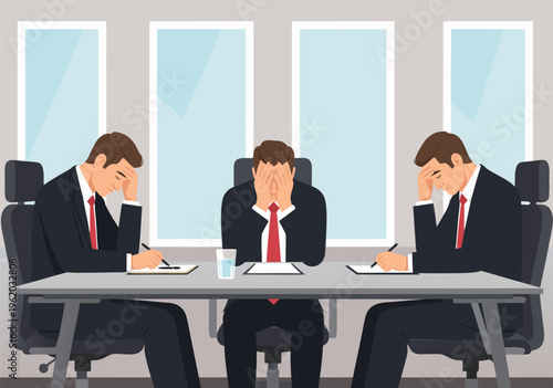 Cartoon vector illustration of bored office men in suits at gray table during meeting