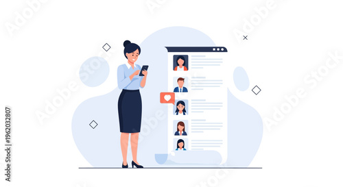 Woman Using Smartphone to Browse Profiles on Dating App or Social Network