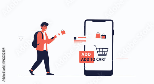 Man Shopping Online Using Smartphone, Adding Items to Digital Cart