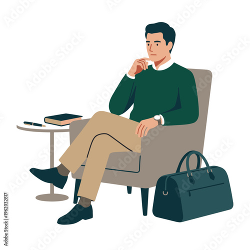 A man sits in a chair with a briefcase and book nearby indoors.