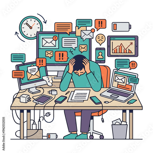 Overwhelmed businessman sitting at cluttered desk with multiple computers and notifications