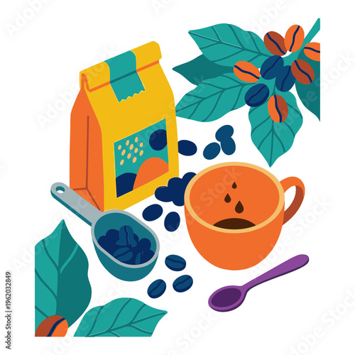An illustration of a coffee cup with beans and a bag nearby on a table indoors.